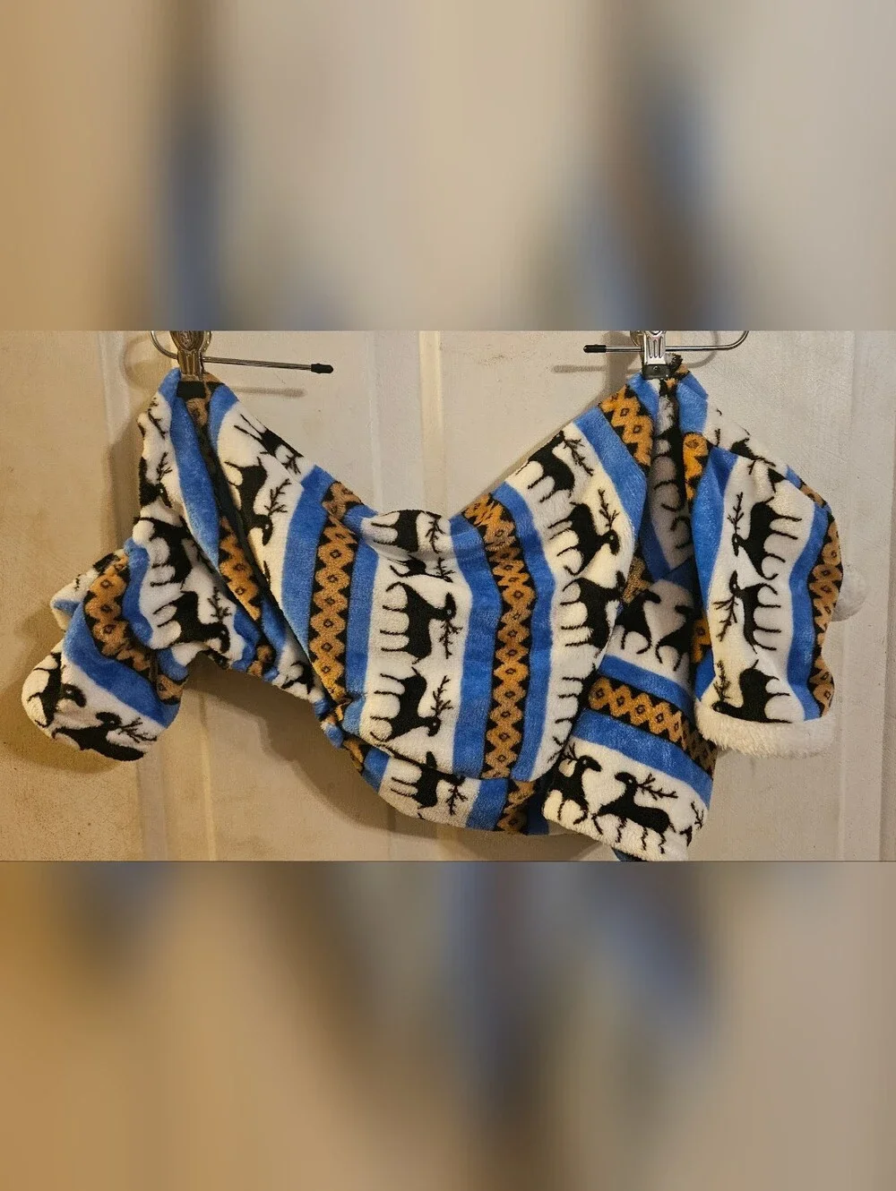 Reindeer Print Fleece Dog Pajamas - Blue, White, Black, Tan